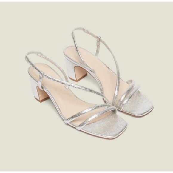 Sandro Argent Mae Embossed Leather Low Block Heel Strappy Sandals EU38 - Picture 1 of 10